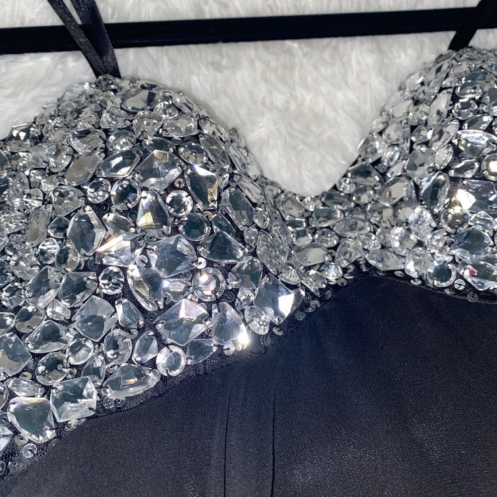 Gorgeous Cache' Black with Silver Large Rhinestone Cocktail/Prom Dress - Picture 2 of 5